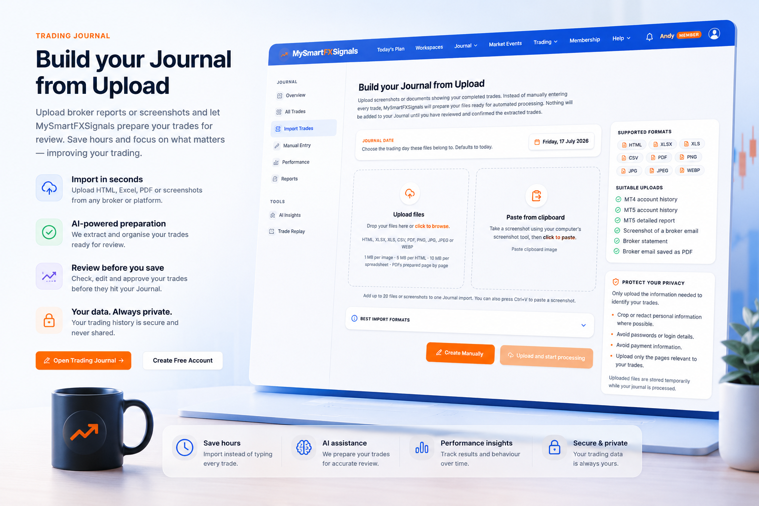 Trading Journal upload page showing drop area, supported formats and privacy guidance