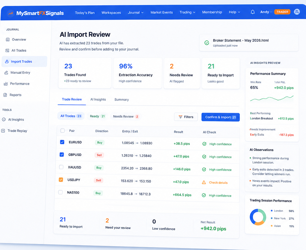 AI Import Review dashboard showing extracted trades, accuracy stats and ready-to-import results