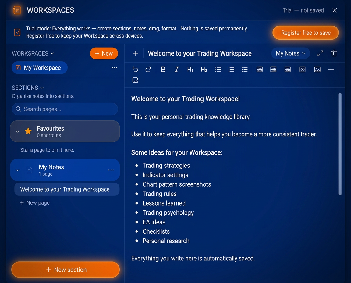 Trading Workspace UI showing sections and pages with a glowing notepad illustration