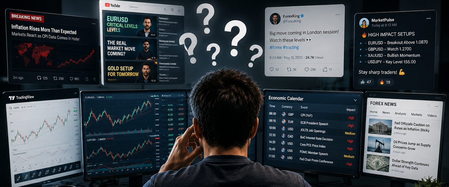 A trader surrounded by charts, news, calendars and information overload